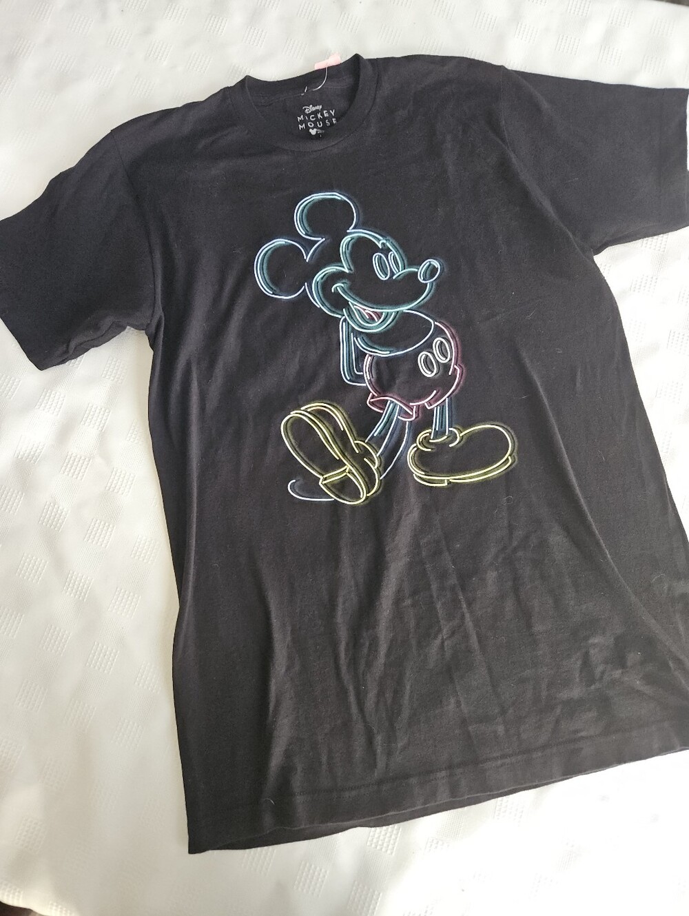 Disney Black Tee with Neon Outline Mickey Graphic
